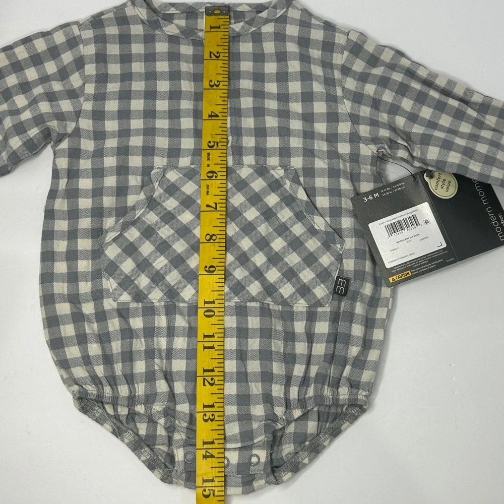 Modern Moments by‎ Gerber Baby Gingham Henley Bodysuit Gray White 3-6M New